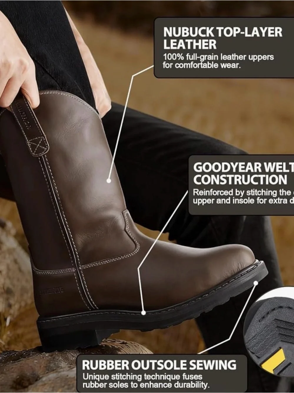 Men's Brown Leather Pull-On Work Boots